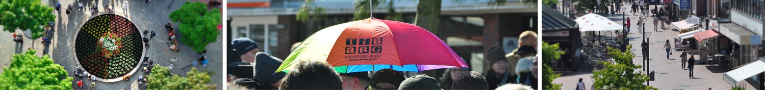 BID Tibarg Header Banner aus drei Teilen: Vogelansicht eines bunten kreisförmigen Blumenbeets, ein bunter Regenschirm über den Köpfen von Menschen, Blick entlang einer EInkaufsstraße aus einem erhöhten, schrägen Winkel
