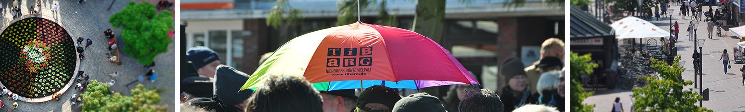 Banner aus drei Teilen: Vogelansicht eines bunten kreisförmigen Blumenbeets, ein bunter Regenschirm über den Köpfen von Menschen, Blick entlang einer EInkaufsstraße aus einem erhöhten, schrägen Winkel