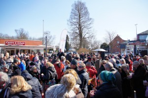 Eine Menschenmenge beobachtet das Programm des Brunnenfests auf dem Tibarg.