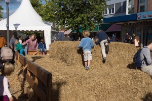 Kinder, spielend auf Heuballen beim Bauernmarkt & Weinfest 2015 auf dem Tibarg