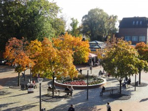 Dorfplatz auf dem Tibarg mit herbstlichen Bäumen