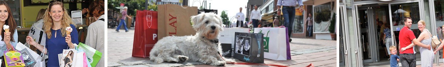 Ein Banner aus drei Bildern: zwei Frauen bepackt mit Einkaufstüten halten zwei Eis in der Waffel, ein kleiner Hund liegt vor Einkaufstüten, eine Familie mit zwei Kinden hält Hände und guckt über die Schulter in die Kamera