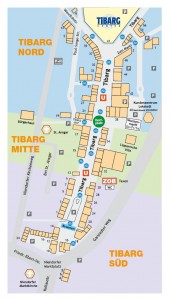 Diese Karte gibt eine komplette Übersicht über den Tibarg und zeigt, wie die Geschäfte angeordnet sind und wo sich bestimmte Orte, wie zum Beispiel die U-Bahn-Station oder der Brunnen, befinden.