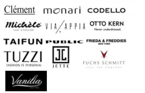 Auf dem Bild befinden sich die Logos der Marken Clément, monari, Codello, Michèle, Via Appia, Otto Kern, Taifun, Public, Frieda & Freddies, Tuzzi, Jette Joop, Fuchs Schmitt sowie Vanilia.