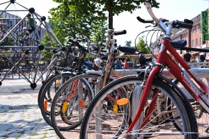 Das Bild zeigt verschiedene Fahrräder die an Fahrradbügeln angeschlossen sind. Im Hintergrund befindet sich ein Klettergerüst.