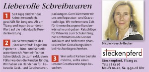 Das Bild zeigt ein kurzes Portrait des Schreibwarengeschäfts Steckenpferd in Schriftform sowie Leiterin Nicole Heesch-Becker.