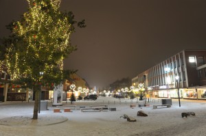 Das Foto zeigt den verschneiten Tibarg mit weihnachtlicher Beleuchtung und einem geschmückten Weihnachtsbaum.