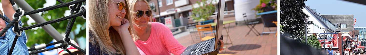 Banner aus drei Bildern: Ein Junge hangelt in einem Klettergerüst aus Seilen, zwei Frauen sitzen draußen und gucken in ein Notebook, Blick entlang der Einkaufsstraße Tibarg