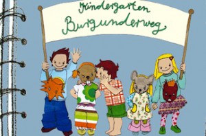Bunte Zeichnung von Kindern mit Tiermasken die den Banner "Kindergarten Burgunderweg" hoch halten