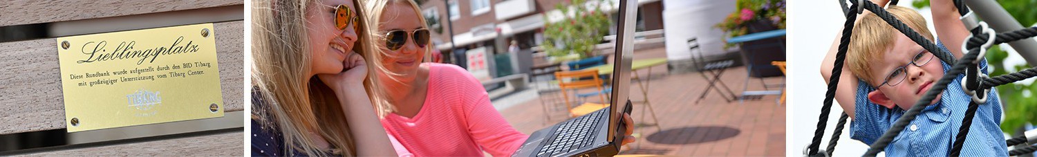 Ein Banner aus drei Bildern: eine goldene Plakette auf einer Parkbanklehne, zwei Frauen gucken draußen in ein Notebook, ein Junge hangelt an einem Klettergerüst