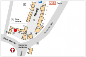 Auf dem Lageplan ist der Standort der Zahnarztpraxis Bleckmann mit einem roten Kreis gekennzeichnet.