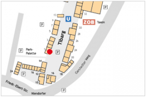 Auf dem Lageplan ist der Standort vom Therapiezentrum Doris Dobe mit einem roten Kreis gekennzeichnet.