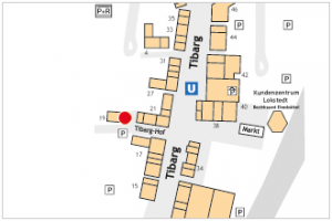 Auf dem Lageplan ist der Standort der Fielmann-Filiale mit einem roten Kreis gekennzeichnet.