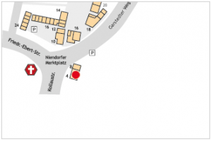 Auf dem Lageplan ist der Standort des Hausmann Immobilien Treffs mit einem roten Kreis gekennzeichnet.