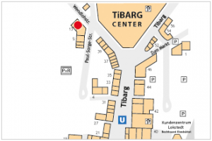 Auf dem Lageplan ist der Standort der Textilpflege Martin mit einem roten Kreis gekennzeichnet.
