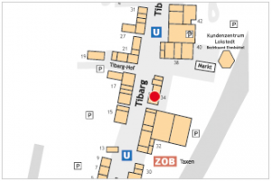 Auf dem Lageplan ist der Standort von Mister Minit mit einem roten Kreis gekennzeichnet.