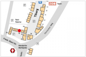 Auf dem Lageplan ist der Standort des Großhamburger Bestattungsinstituts mit einem roten Kreis gekennzeichnet.