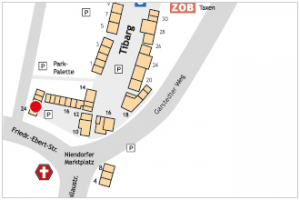 Auf dem Lageplan ist der Standort vom Kindergarten Wurzelzwerge mit einem roten Kreis gekennzeichnet.