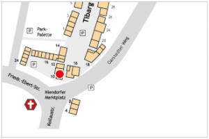 Auf dem Lageplan ist der Standort des Vitalcentrums Dr. Dettmer mit einem roten Kreis gekennzeichnet.