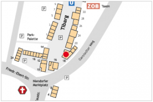 Auf dem Lageplan ist der Standort des ASB Ortsverbands Hamburg Eimsbüttel mit einem roten Kreis gekennzeichnet.