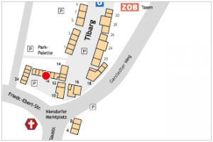 Auf dem Lageplan ist der Standort vom Dolle Deerns e.V. mit einem roten Kreis gekennzeichnet.