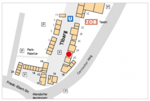 Auf dem Lageplan ist der Standort des Heudorfer Reformhauses mit einem roten Kreis gekennzeichnet.