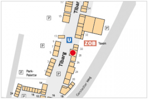 Auf dem Lageplan ist der Standort von Fahrrad Buck mit einem roten Kreis gekennzeichnet.