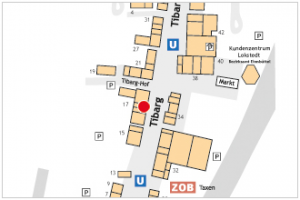 Auf dem Lageplan ist der Standort des Zoohaus Niendorf mit einem roten Kreis gekennzeichnet.