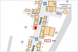 Auf dem Lageplan ist der Standort der Boutique Papermoon mit einem roten Kreis gekennzeichnet.