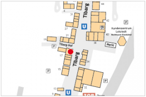 Auf dem Lageplan ist der Standort von Ernstings Family mit einem roten Kreis gekennzeichnet.