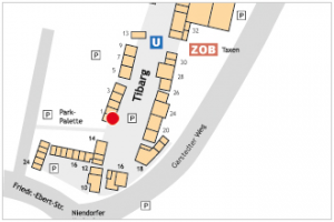Auf dem Lageplan ist der Standort von Scheel Sonderverkauf mit einem roten Kreis gekennzeichnet.
