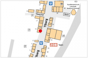 Auf dem Lageplan ist der Standort vom Strickladen Strick & Stick Focke mit einem roten Kreis gekennzeichnet.