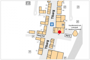 Auf dem Lageplan ist der Standort von Sport & Mode Niendorf mit einem roten Kreis gekennzeichnet.