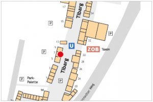 Auf dem Lageplan ist der Standort der Dermatologischen Gemeinschaftspraxis Tibarg mit einem roten Kreis gekennzeichnet.