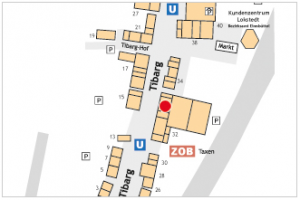 Auf dem Lageplan ist der Standort von REWE Tibarg mit einem roten Kreis gekennzeichnet.