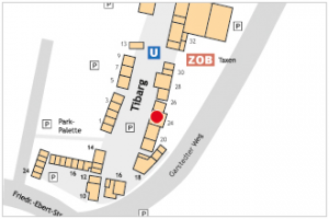 Auf dem Lageplan ist der Standort der Praxis von Dr. med. Axel Niewerth mit einem roten Kreis gekennzeichnet.