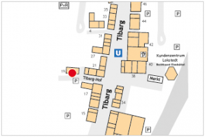 Auf dem Lageplan ist der Standort der Praxis von Dr. med Clemens Flamm und Kirsten Boker mit einem roten Kreis gekennzeichnet.