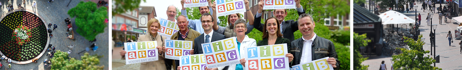 Banner aus drei Bildern: Vogelansicht eines bunten, runden Blumenbeets, Mitglieder des BID Tibarg halten bunte Tibarg-Schilder hoch, erhöhte Ansicht von schräg oben entlang der Einkaufsstraße