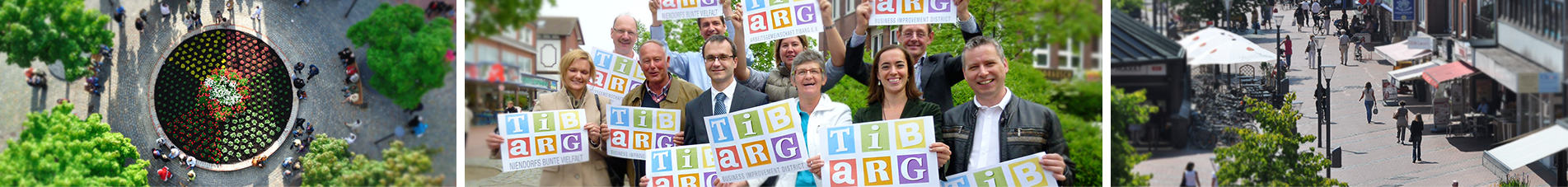 Banner aus drei Bildern: Vogelansicht eines bunten, runden Blumenbeets, Mitglieder des BID Tibarg halten bunte Tibarg-Schilder hoch, erhöhte Ansicht von schräg oben entlang der Einkaufsstraße