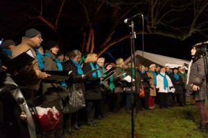 Chor beim Waldsingen 2014 auf dem tibarg mit grünen und türkisen Schals um den Hals